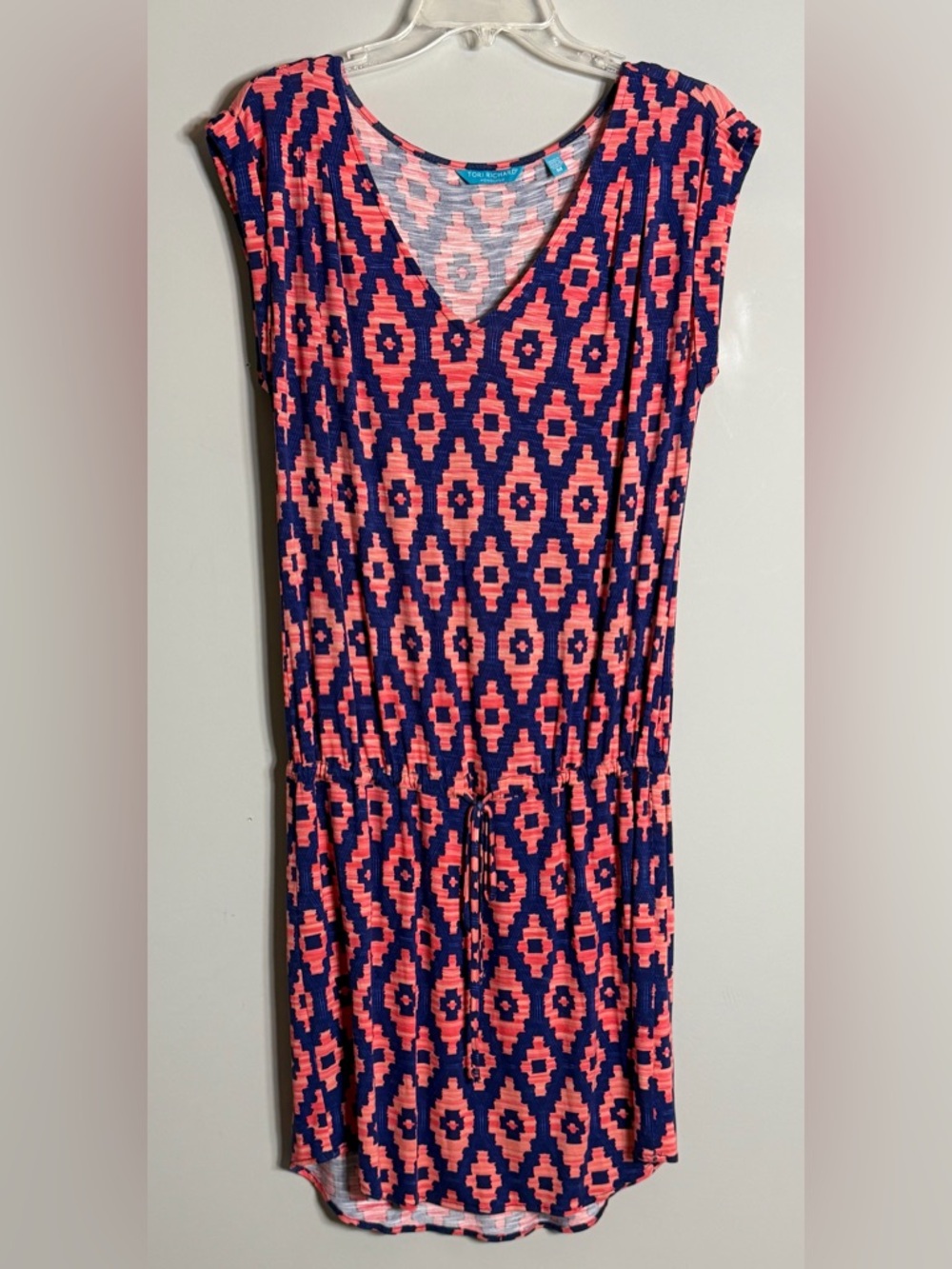 Tori Richard Honolulu Women's Navy and Coral Geo Print Dress Size M
